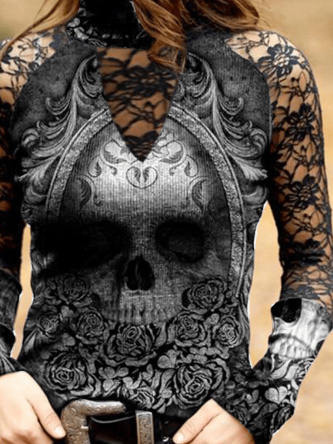 T-Shirts Lace Skull Print Long Sleeve T-Shirt - LuckyFash™