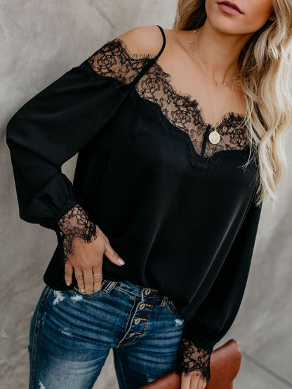 Women's T-Shirts Lace Stitching Sling Long Sleeve T-Shirt - LuckyFash™