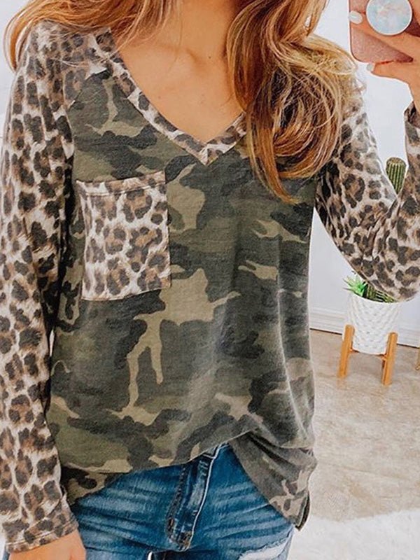 T-Shirts Leopard Camouflage V-Neck Long Sleeve T-Shirt - LuckyFash™