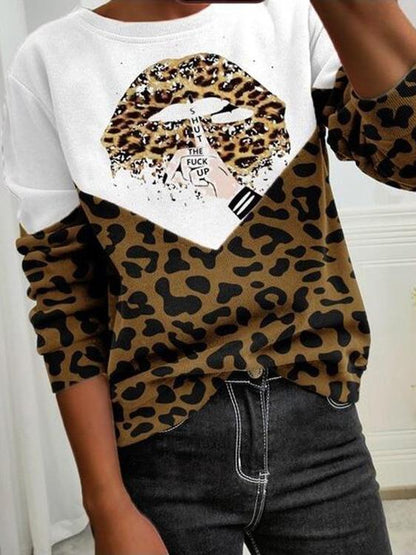Women's T-Shirts Leopard Lip Print Round Neck Long Sleeve T-Shirt - LuckyFash™