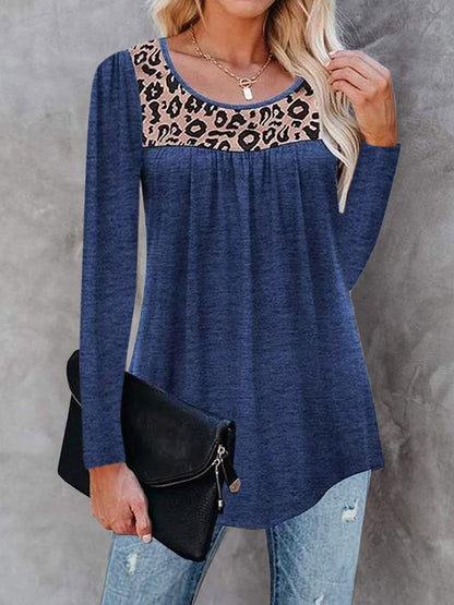 T-Shirts Leopard Print Round Neck Long Sleeve T-Shirt - LuckyFash™