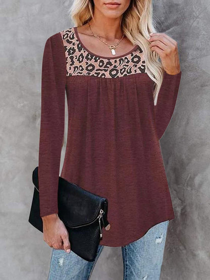 T-Shirts Leopard Print Round Neck Long Sleeve T-Shirt - LuckyFash™