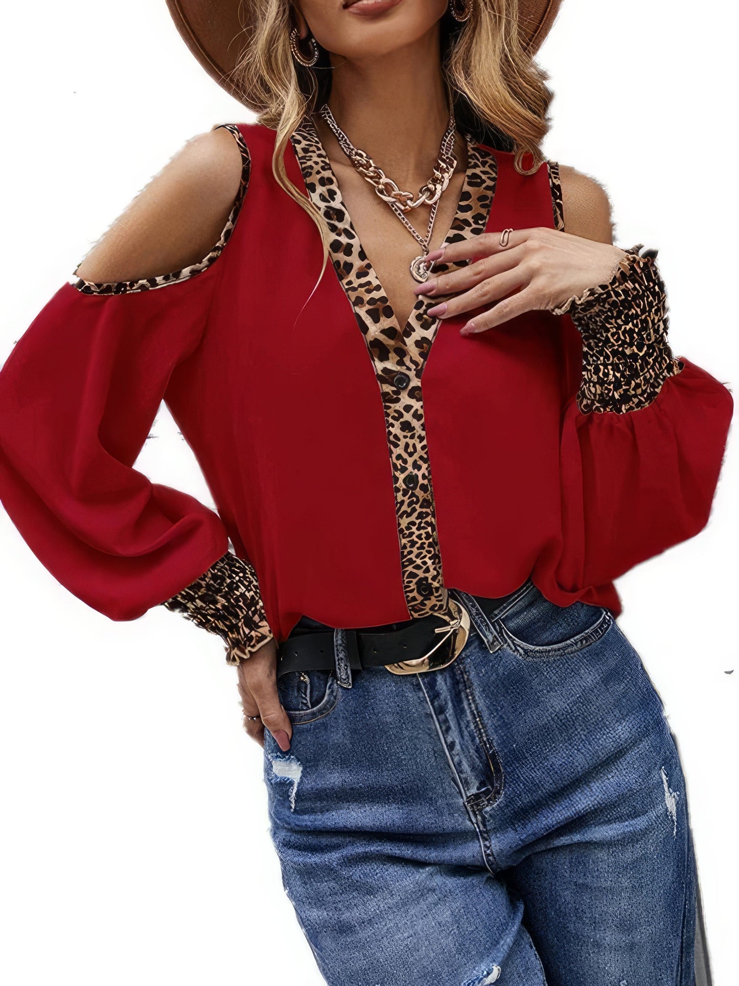 T-Shirts Leopard Print Stitching V Neck Button Off-The-Shoulder T-Shirt - LuckyFash™