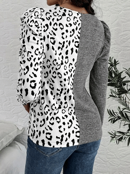 T-Shirts Leopard Stitching V-Neck Bubble Long Sleeves T-Shirt - LuckyFash™