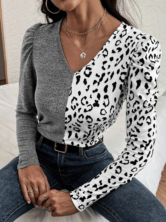 T-Shirts Leopard Stitching V-Neck Bubble Long Sleeves T-Shirt - LuckyFash™