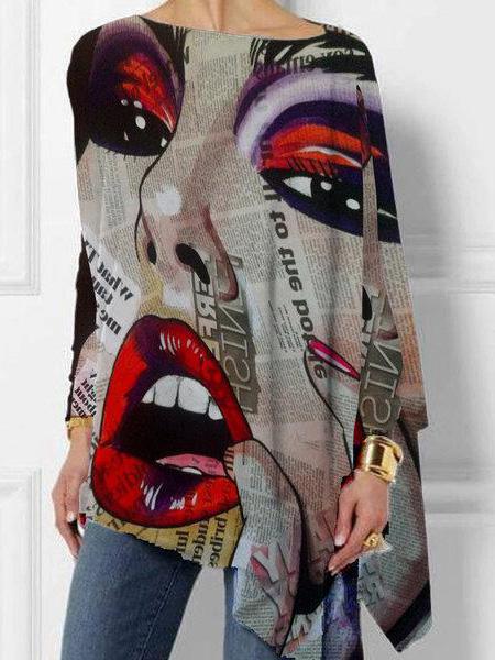 T-Shirts Lip Print Round Neck Pullover Long Sleeve T-Shirt - LuckyFash™