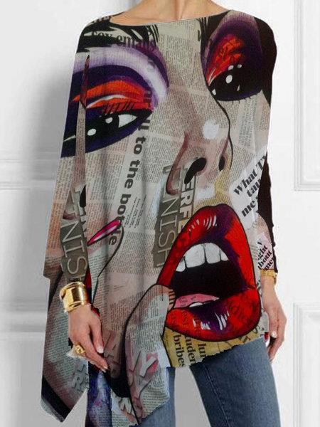 T-Shirts Lip Print Round Neck Pullover Long Sleeve T-Shirt - LuckyFash™