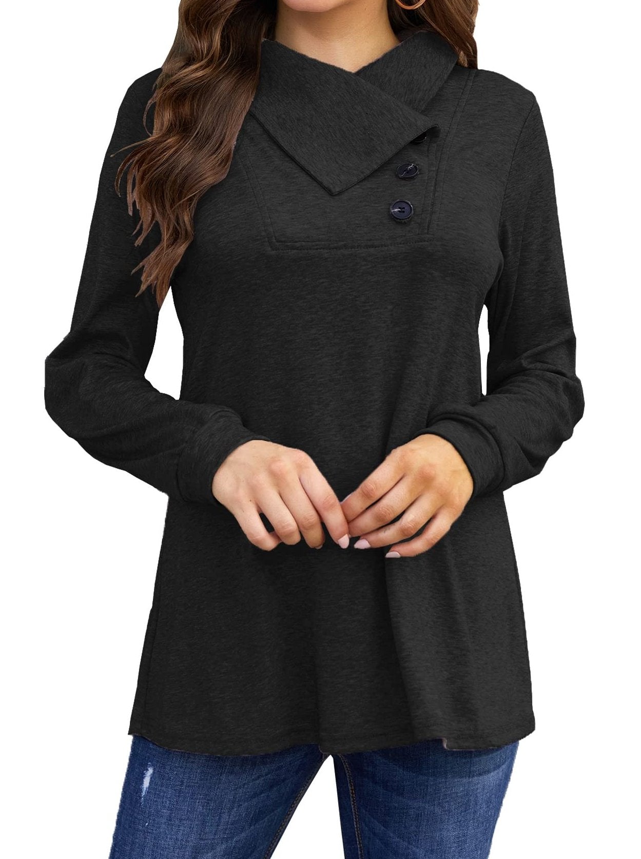 T-Shirts Long Sleeve Cowl Neck Button T-Shirt - LuckyFash™