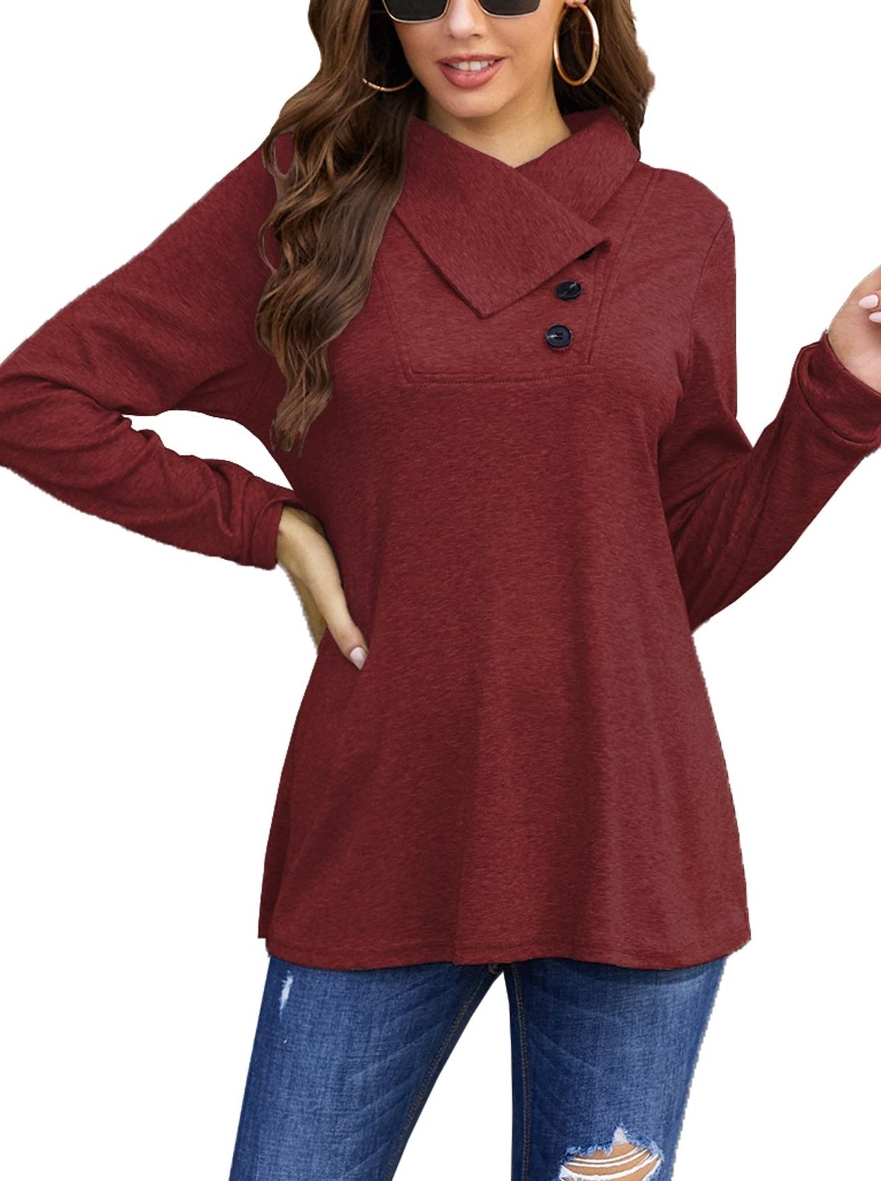 T-Shirts Long Sleeve Cowl Neck Button T-Shirt - LuckyFash™