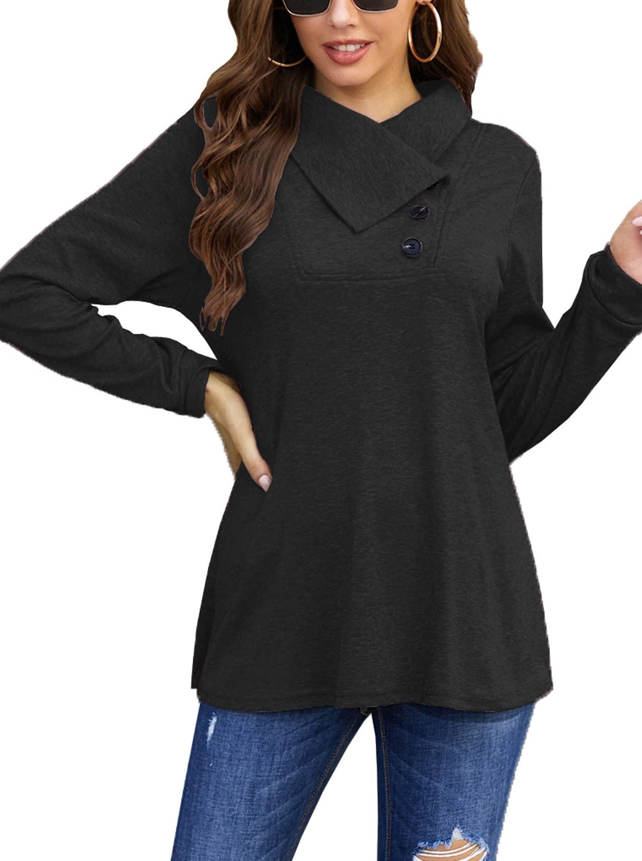 T-Shirts Long Sleeve Cowl Neck Button T-Shirt - LuckyFash™