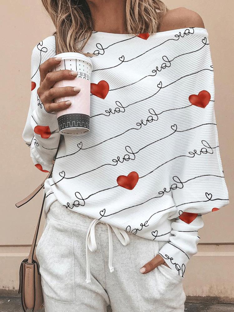 T-Shirts Long Sleeve Heart Print Off Shoulder Commuter Pullover T-Shirt - LuckyFash™