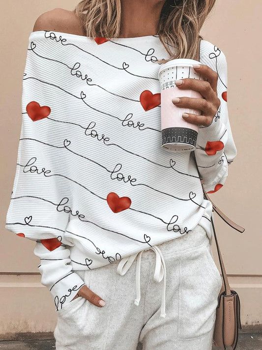 T-Shirts Long Sleeve Heart Print Off Shoulder Commuter Pullover T-Shirt - LuckyFash™