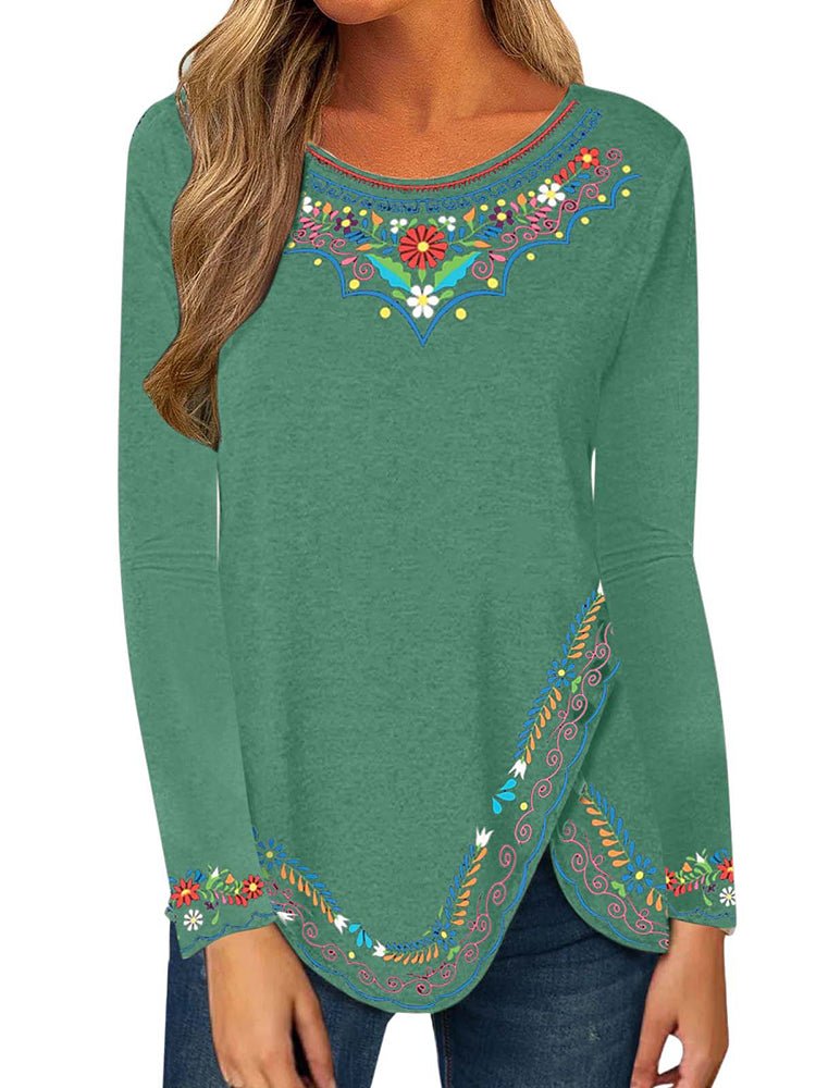 T-Shirts Long Sleeve Retro Ethnic Print T-Shirt - LuckyFash™