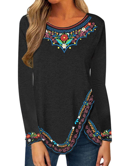 T-Shirts Long Sleeve Retro Ethnic Print T-Shirt - LuckyFash™