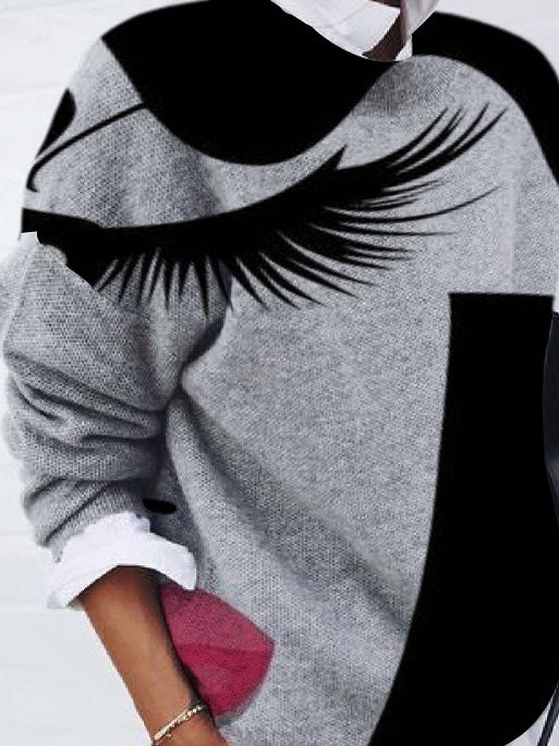 Women's T-Shirts Loose Eyelashes Print Long Sleeve T-Shirt - LuckyFash™