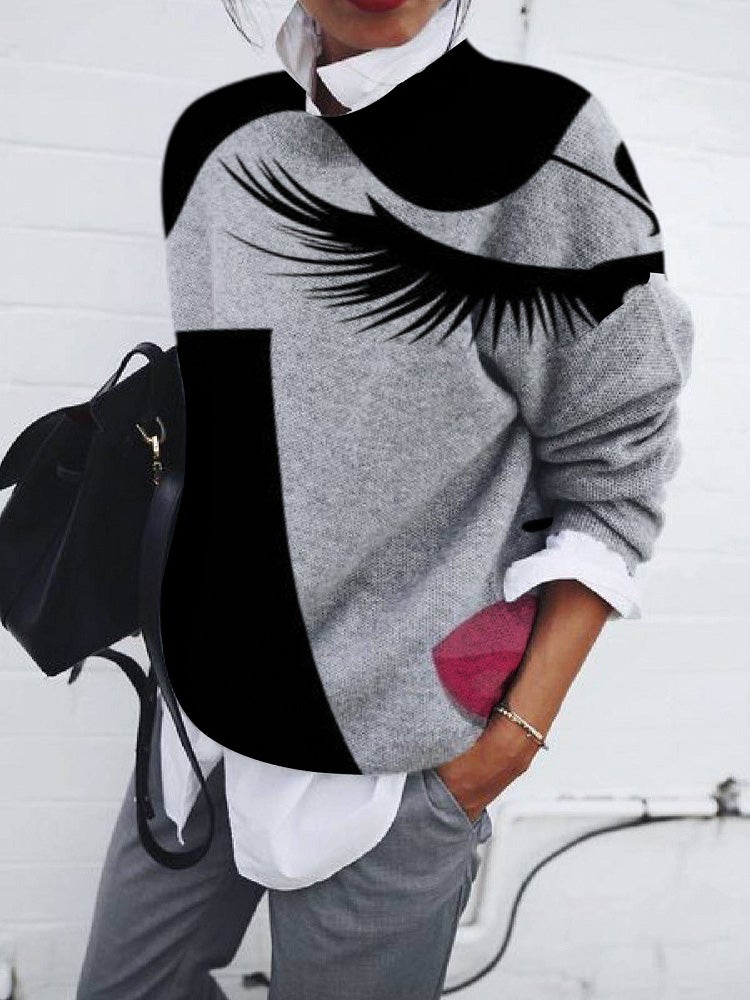 Women's T-Shirts Loose Eyelashes Print Long Sleeve T-Shirt - LuckyFash™