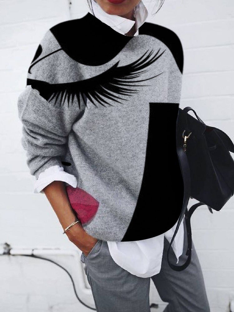 Women's T-Shirts Loose Eyelashes Print Long Sleeve T-Shirt - LuckyFash™