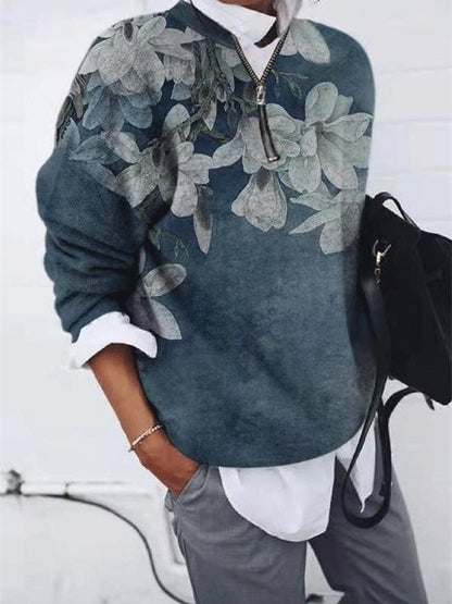 Women's T-Shirts Loose Floral Zipper Long Sleeve T-Shirt - LuckyFash™