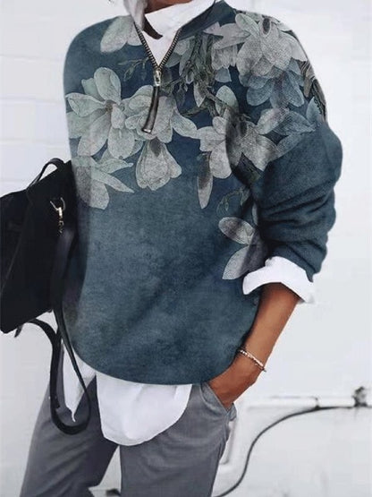 Women's T-Shirts Loose Floral Zipper Long Sleeve T-Shirt - LuckyFash™