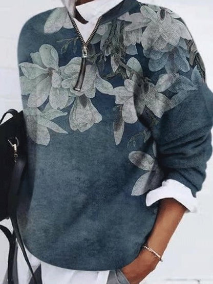 Women's T-Shirts Loose Floral Zipper Long Sleeve T-Shirt - LuckyFash™
