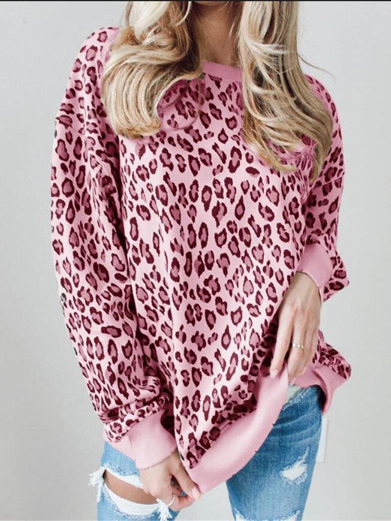 T-Shirts Loose Leopard Print Round Neck Long Sleeve T-Shirt - LuckyFash™