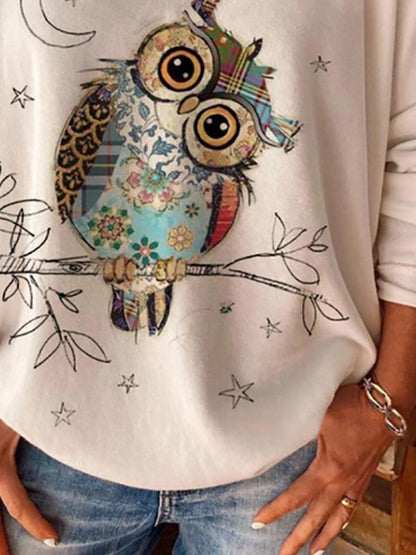 T-Shirts Loose Owl Print Round Neck Long Sleeve T-Shirt - LuckyFash™