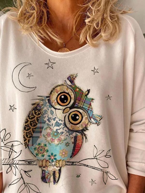 T-Shirts Loose Owl Print Round Neck Long Sleeve T-Shirt - LuckyFash™