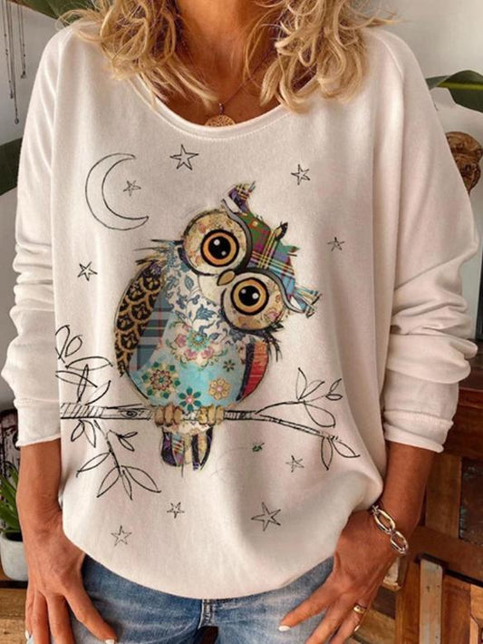 T-Shirts Loose Owl Print Round Neck Long Sleeve T-Shirt - LuckyFash™