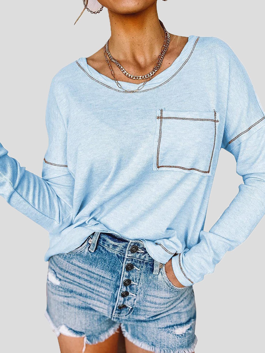 Women's T-Shirts Loose Round Neck Pocket Long Sleeve T-Shirt - LuckyFash™