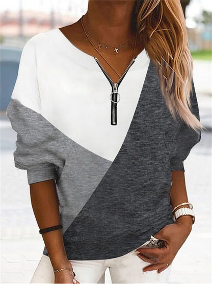 Women's T-Shirts Loose V-Neck Zippered Long Sleeve T-Shirt - LuckyFash™