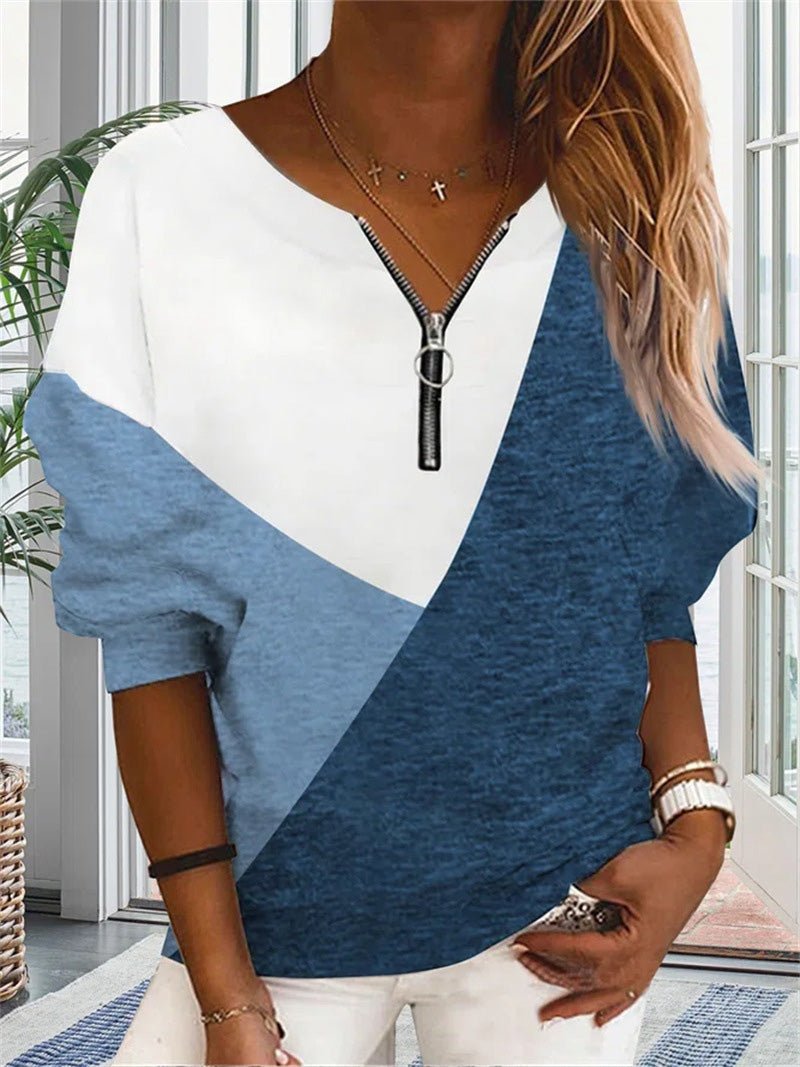 Women's T-Shirts Loose V-Neck Zippered Long Sleeve T-Shirt - LuckyFash™