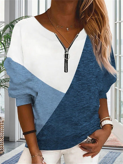 Women's T-Shirts Loose V-Neck Zippered Long Sleeve T-Shirt - LuckyFash™