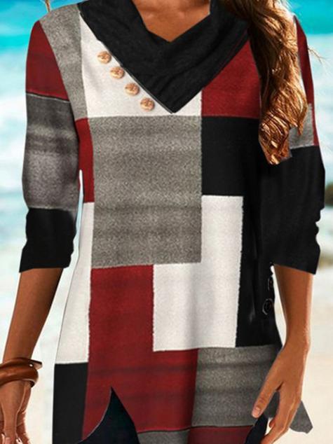 Women's T-Shirts Multicolor Checked V-Neck Long Sleeve T-Shirt - LuckyFash™