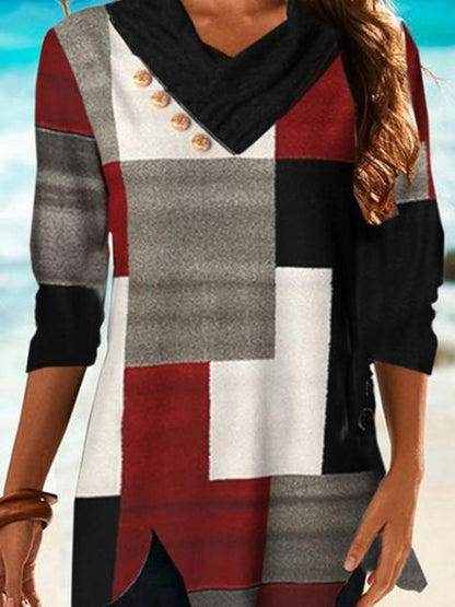 Women's T-Shirts Multicolor Checked V-Neck Long Sleeve T-Shirt - LuckyFash™