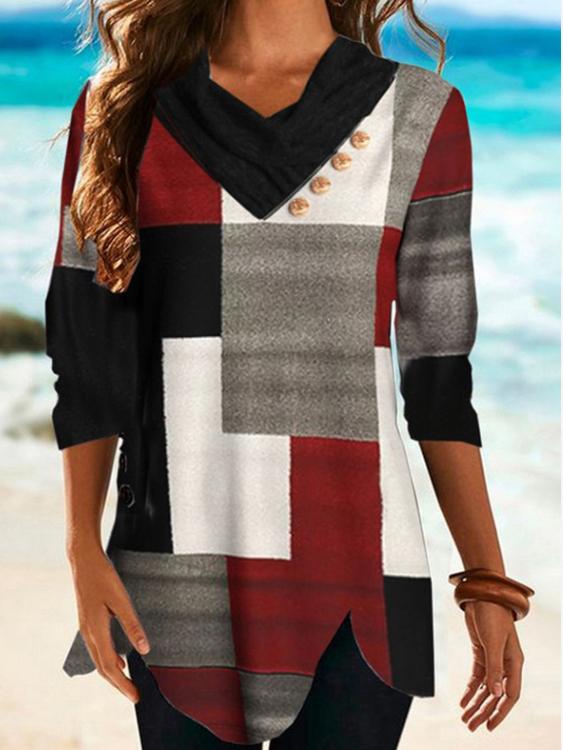 Women's T-Shirts Multicolor Checked V-Neck Long Sleeve T-Shirt - LuckyFash™