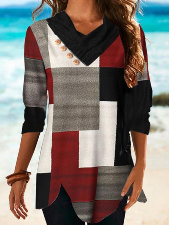 Women's T-Shirts Multicolor Checked V-Neck Long Sleeve T-Shirt - LuckyFash™