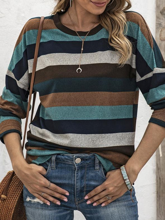 T-Shirts Multicolor Striped Round Neck Long Sleeve T-Shirt - LuckyFash™