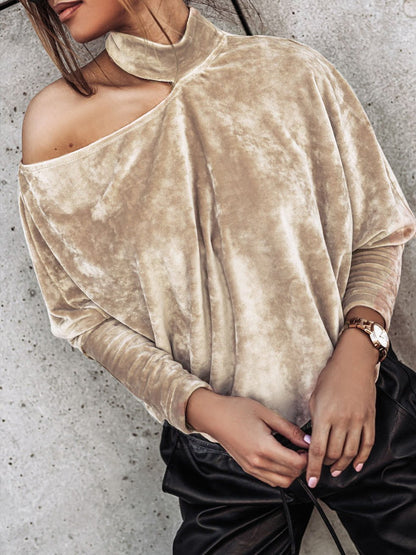 Women's T-Shirts Off-Shoulder Long Sleeve Gold Velvet Solid Top - LuckyFash™