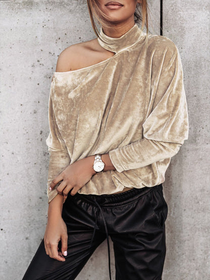 Women's T-Shirts Off-Shoulder Long Sleeve Gold Velvet Solid Top - LuckyFash™