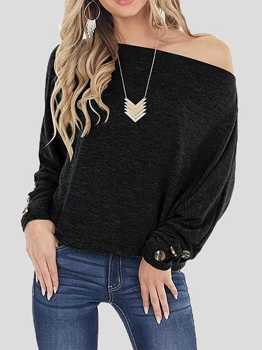 T-Shirts Off The Shoulder Solid Button Long Sleeve T-Shirt - LuckyFash™