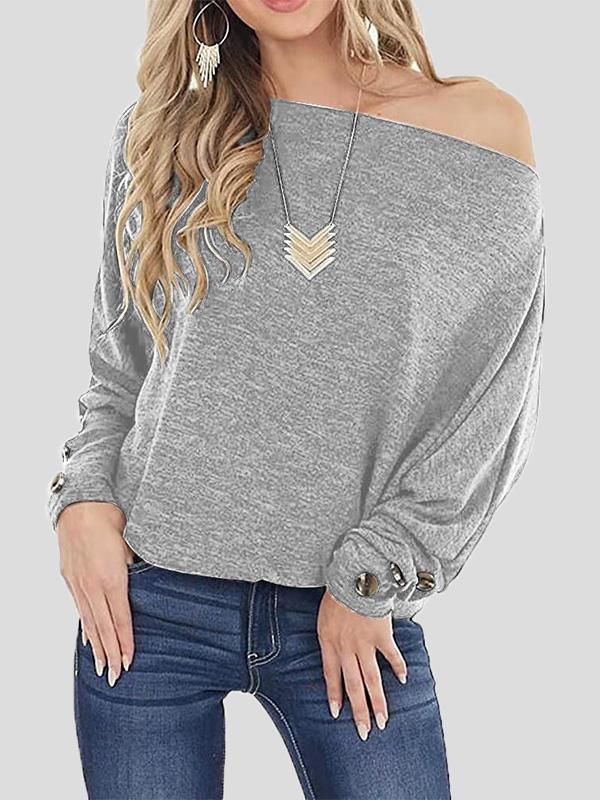 T-Shirts Off The Shoulder Solid Button Long Sleeve T-Shirt - LuckyFash™