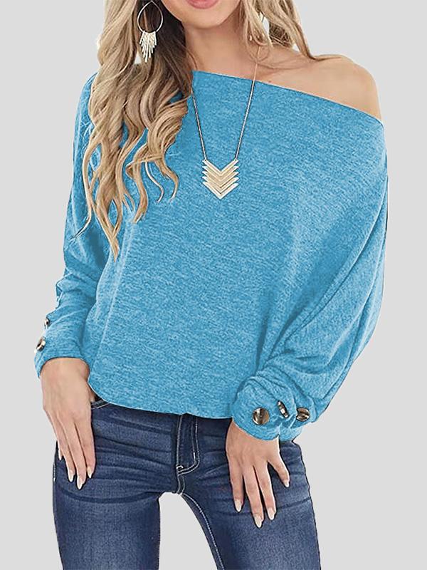 T-Shirts Off The Shoulder Solid Button Long Sleeve T-Shirt - LuckyFash™