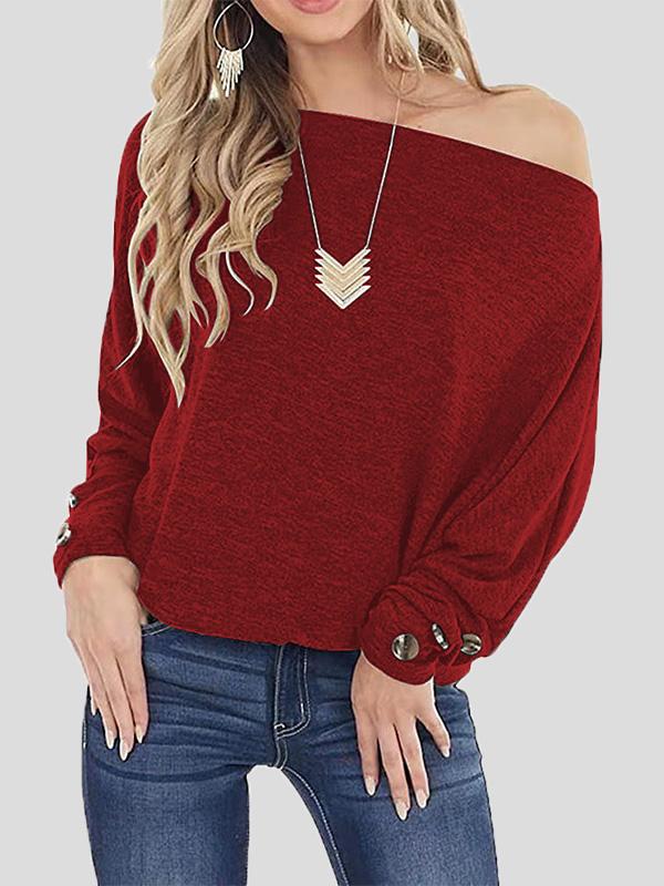 T-Shirts Off The Shoulder Solid Button Long Sleeve T-Shirt - LuckyFash™