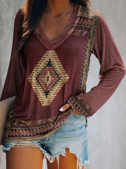 Women's T-Shirts Polygonal Pattern V-Neck Long Sleeve T-Shirt - LuckyFash™