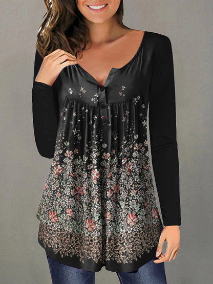 Women's T-Shirts Printed V-Neck Button Long Sleeve Casual T-Shirt - LuckyFash™
