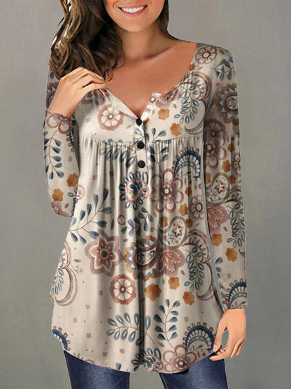 Women's T-Shirts Printed V-Neck Button Long Sleeve Casual T-Shirt - LuckyFash™