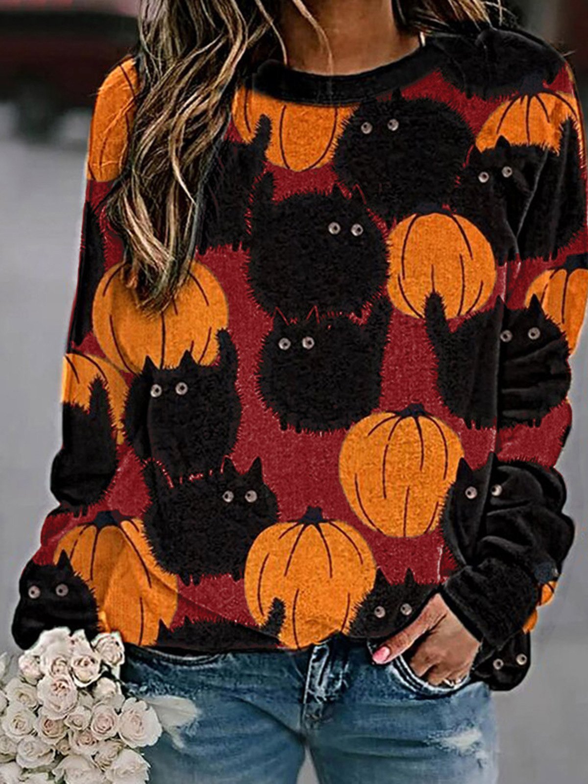 T-Shirts Pumpkin Print Comfortable Round Neck Long Sleeve T-Shirts - LuckyFash™