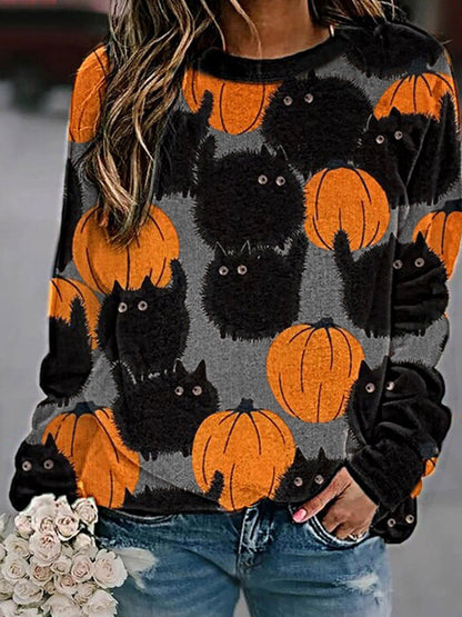 T-Shirts Pumpkin Print Comfortable Round Neck Long Sleeve T-Shirts - LuckyFash™