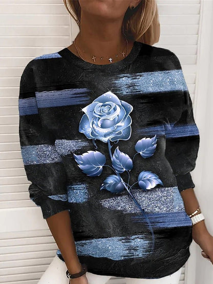 T-Shirts Rose Print Round Neck Long Sleeve T-Shirt - LuckyFash™