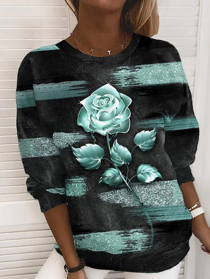 T-Shirts Rose Print Round Neck Long Sleeve T-Shirt - LuckyFash™